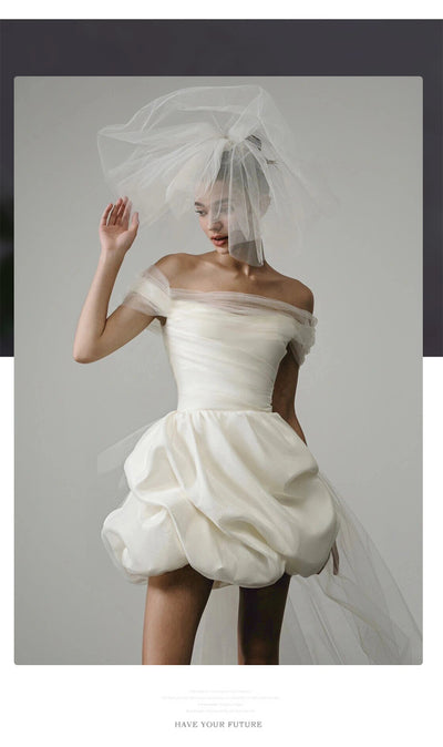 Vestido de Novia Blanco Corto con Hombros Descubiertos - Image 12