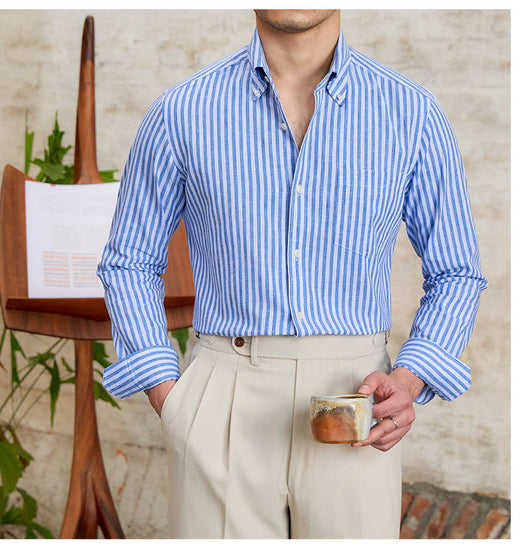 Camisa Elegante de Algodón y Lino con Rayas - Manga Larga Clásica - Image 13