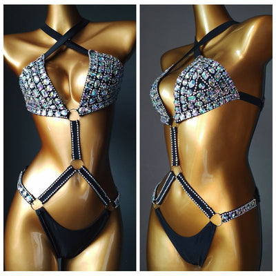 White rhinestone bikini with triangle tops, high-cut bottoms, and silver-toned O-rings and chains. - Image 9