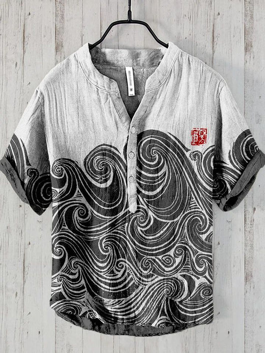 Camisa Lino Hombre Estampado Oceánico Manga Corta Suelta Casual - Image 26