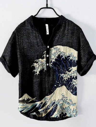 Camisa Lino Hombre Estampado Oceánico Manga Corta Suelta Casual - Image 28