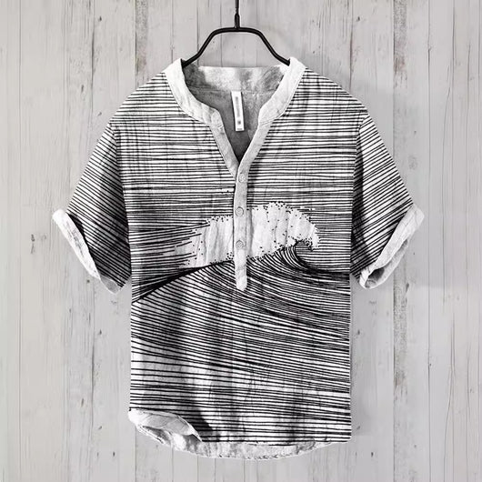 Camisa Lino Hombre Estampado Oceánico Manga Corta Suelta Casual - Image 29