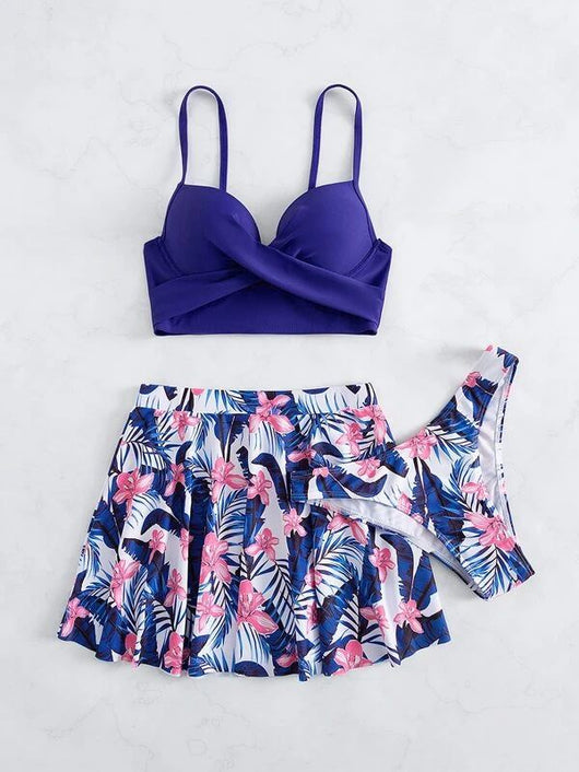 Fuchsia tropical print three-piece swimsuit with high-waisted swim skirt and matching bikini bottoms. - Image 18