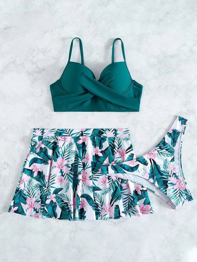 Fuchsia tropical print three-piece swimsuit with high-waisted swim skirt and matching bikini bottoms. - Image 22