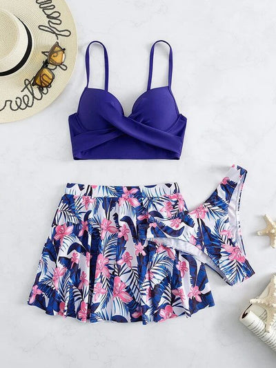 Fuchsia tropical print three-piece swimsuit with high-waisted swim skirt and matching bikini bottoms. - Image 25
