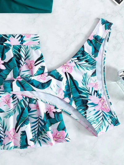 Fuchsia tropical print three-piece swimsuit with high-waisted swim skirt and matching bikini bottoms. - Image 27
