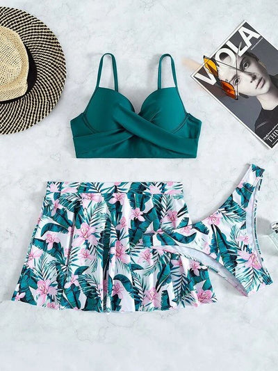 Fuchsia tropical print three-piece swimsuit with high-waisted swim skirt and matching bikini bottoms. - Image 28