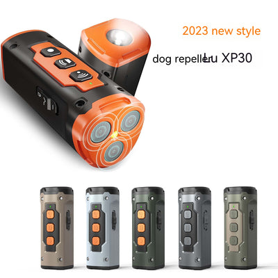 Black handheld ultrasonic dog deterrent device with three sonic emitters and an LED flashlight on a white background. - Image 9