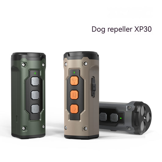 Black handheld ultrasonic dog deterrent device with three sonic emitters and an LED flashlight on a white background. - Image 10