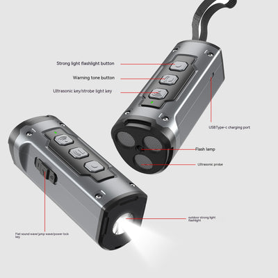 Black handheld ultrasonic dog deterrent device with three sonic emitters and an LED flashlight on a white background. - Image 13
