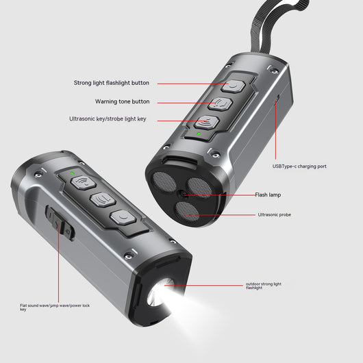 Black handheld ultrasonic dog deterrent device with three sonic emitters and an LED flashlight on a white background. - Image 13