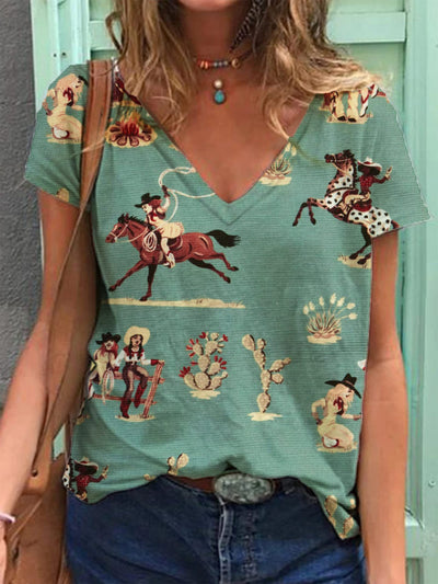 Playera Cuello V Estampado Retro 3D para Mujer - Image 35