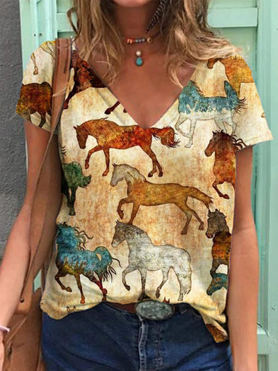 Playera Cuello V Estampado Retro 3D para Mujer - Image 39