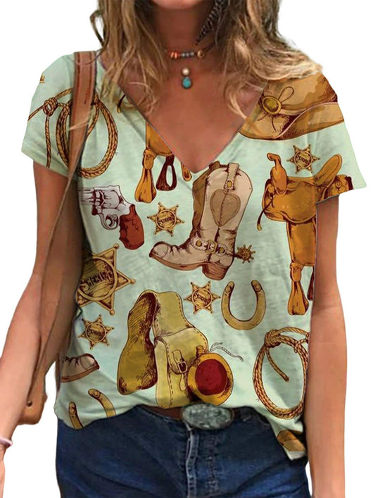 Playera Cuello V Estampado Retro 3D para Mujer - Image 40