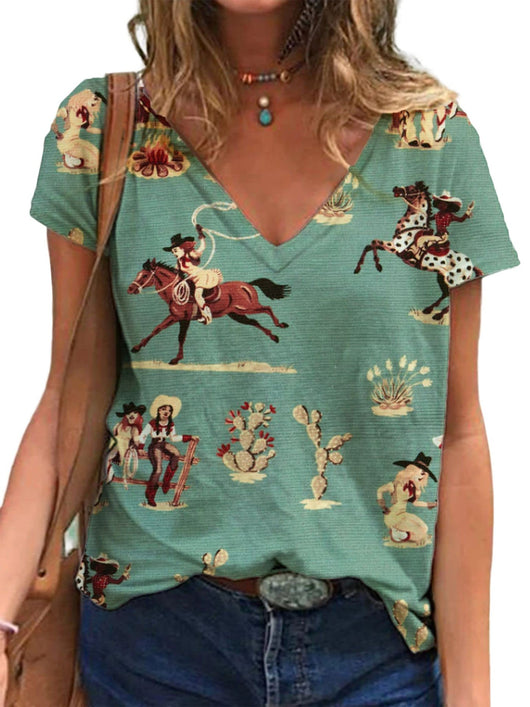 Playera Cuello V Estampado Retro 3D para Mujer - Image 41