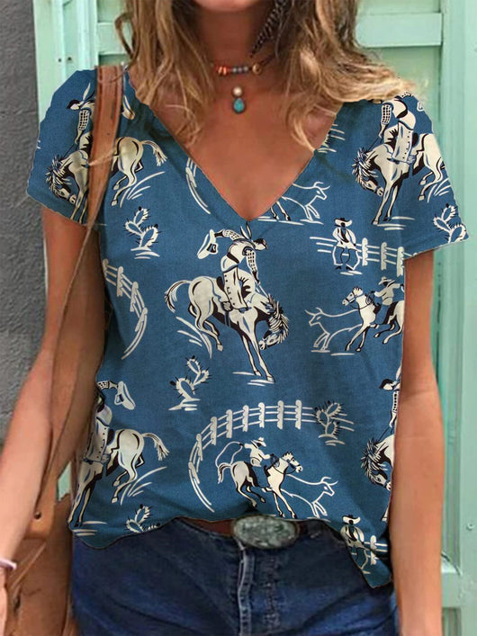 Playera Cuello V Estampado Retro 3D para Mujer - Image 42