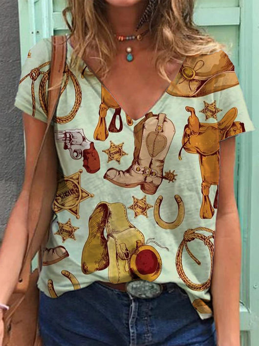 Playera Cuello V Estampado Retro 3D para Mujer - Image 44