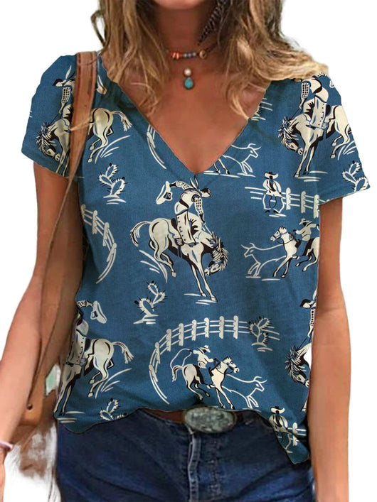 Playera Cuello V Estampado Retro 3D para Mujer - Image 45