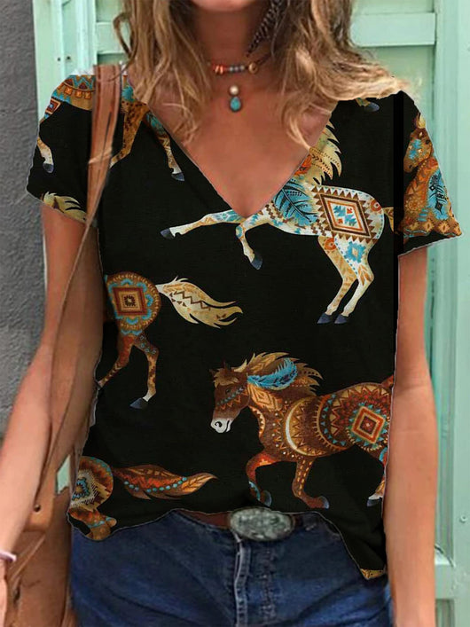 Playera Cuello V Estampado Retro 3D para Mujer - Image 46