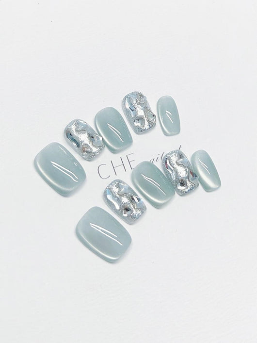 Uñas Postizas Personalizadas Ojo de Gato Cuadrado Azul Verano - Image 11