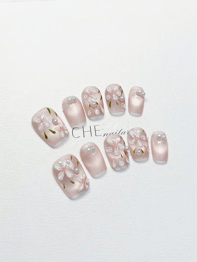 Uñas Postizas de Lujo Perla Floral - Diseño Personalizado Artesanal - Image 13