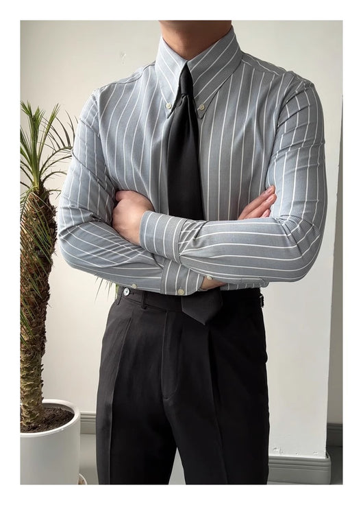Camisa Casual de Negocios a Rayas Manga Larga para Hombre - Image 11