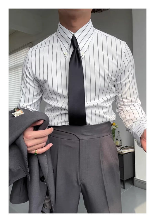 Camisa Casual de Negocios a Rayas Manga Larga para Hombre - Image 14