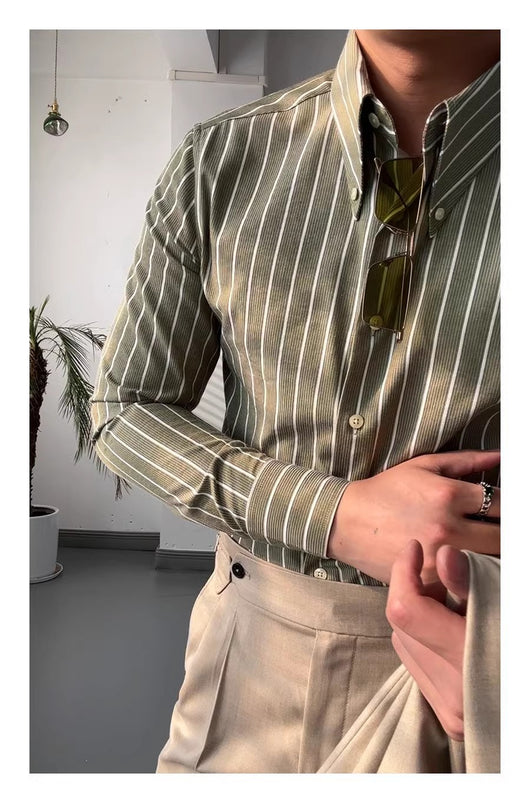 Camisa Casual de Negocios a Rayas Manga Larga para Hombre - Image 15