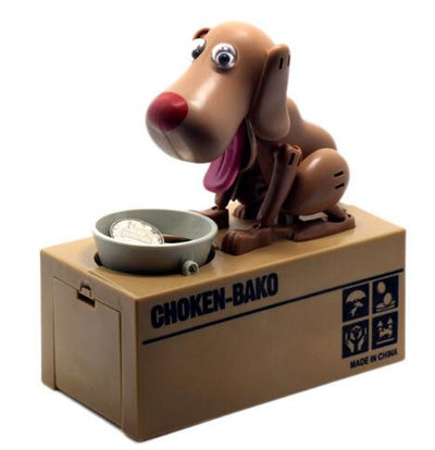 Brown robotic dog piggy bank with a red nose and pink tongue, eating a coin from a grey bowl. - Image 9