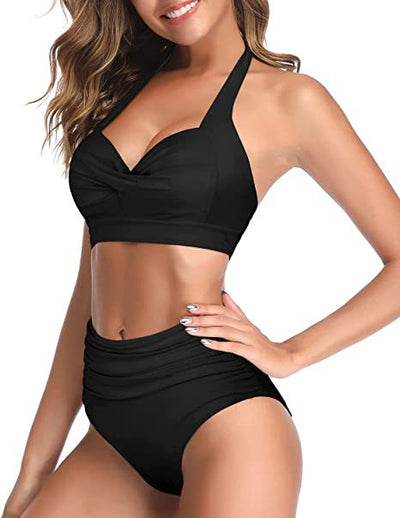 Bright yellow two-piece bikini with a halter neck top featuring a twisted bow and high-waisted ruched bottoms. - Image 31