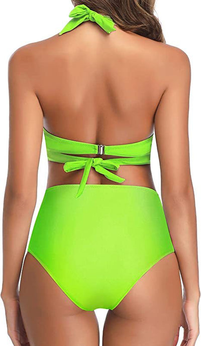 Bright yellow two-piece bikini with a halter neck top featuring a twisted bow and high-waisted ruched bottoms. - Image 33