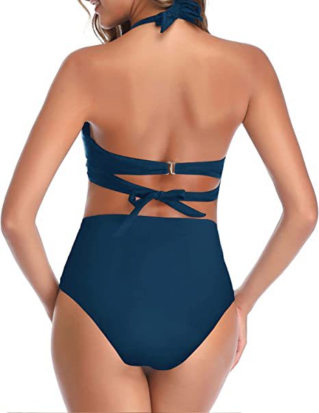Bright yellow two-piece bikini with a halter neck top featuring a twisted bow and high-waisted ruched bottoms. - Image 35