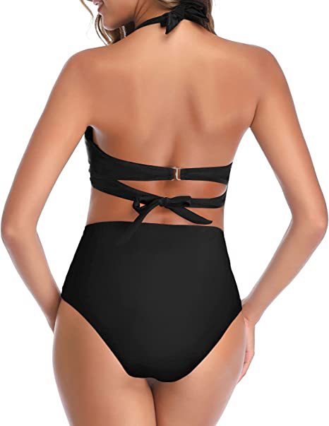Bright yellow two-piece bikini with a halter neck top featuring a twisted bow and high-waisted ruched bottoms. - Image 36