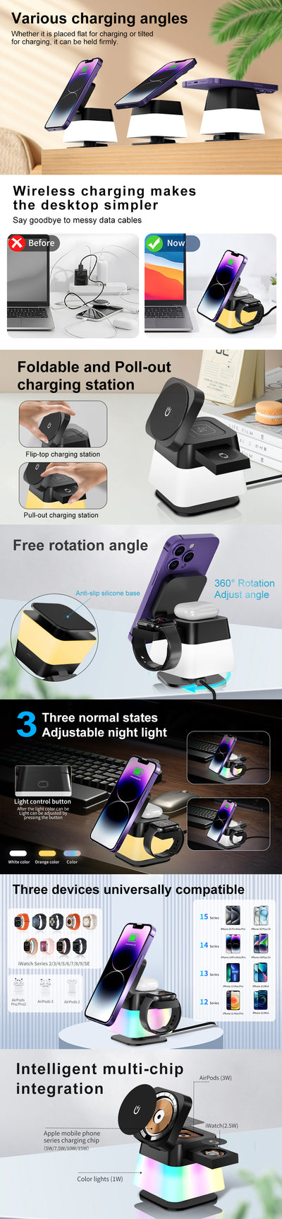 Cargador Inalámbrico Magnético Rotatorio 4 en 1 con Luz LED para iPhone 15, 14, 13, 12 Pro Max - Image 13