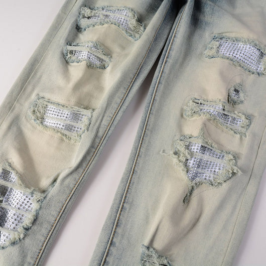 Pantalón Slim Fit Casual con Rotos y Parches Diamante para Hombre - Image 9