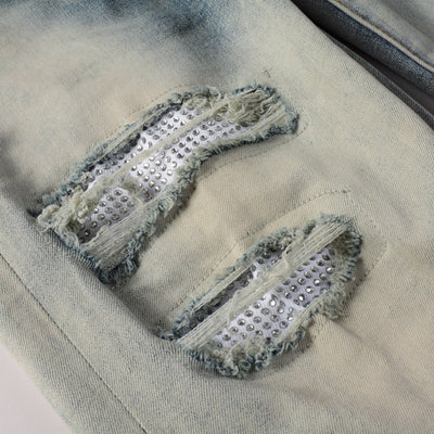 Pantalón Slim Fit Casual con Rotos y Parches Diamante para Hombre - Image 11