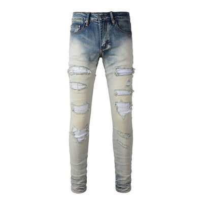 Pantalón Slim Fit Casual con Rotos y Parches Diamante para Hombre - Image 16