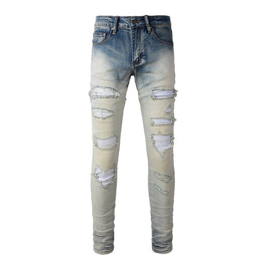 Pantalón Slim Fit Casual con Rotos y Parches Diamante para Hombre - Image 16