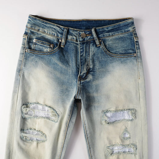 Pantalón Slim Fit Casual con Rotos y Parches Diamante para Hombre - Image 18
