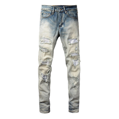 Pantalón Slim Fit Casual con Rotos y Parches Diamante para Hombre - Image 19