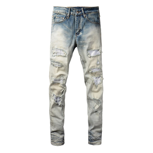 Pantalón Slim Fit Casual con Rotos y Parches Diamante para Hombre - Image 19