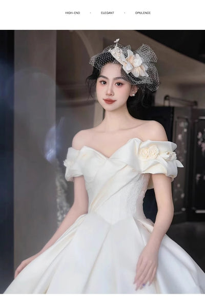 Vestido de Novia Satén Hombros Descubiertos Encaje Francés Elegancia Premium - Image 16