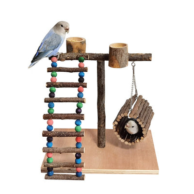 Solid wood parrot play stand with multiple perches, a colorful beaded ladder, a feeding cup, and a hanging vine toy. - Image 11