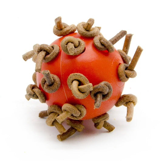 Red plastic interactive chewing ball with brown leather rope knots, next to a green parrot. - Image 8