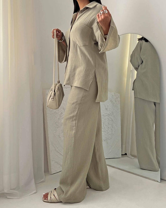 Conjunto de Moda Otoñal: Blusa Champray Manga Larga y Pantalón Wide Leg Cintura Alta - Image 9