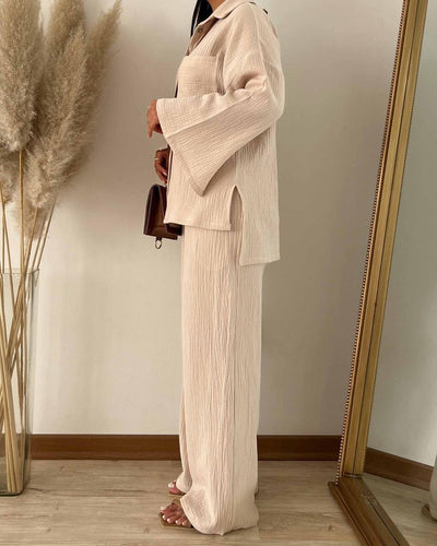 Conjunto de Moda Otoñal: Blusa Champray Manga Larga y Pantalón Wide Leg Cintura Alta - Image 11