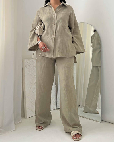 Conjunto de Moda Otoñal: Blusa Champray Manga Larga y Pantalón Wide Leg Cintura Alta - Image 12