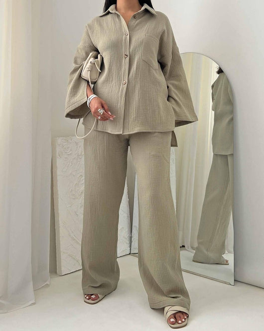 Conjunto de Moda Otoñal: Blusa Champray Manga Larga y Pantalón Wide Leg Cintura Alta - Image 12