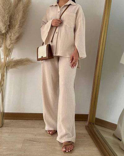 Conjunto de Moda Otoñal: Blusa Champray Manga Larga y Pantalón Wide Leg Cintura Alta - Image 13