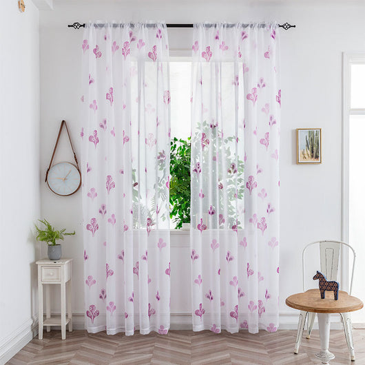 Sheer white mesh curtains with purple and light blue floral patterns, hung on a black rod in a bright room. - Image 23